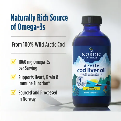 Vista 3 de Nordic Naturals Aceite de hígado de bacalao ártico, limón, 8 onzas, 1060 mg de Omega-3 totales con EPA y DHA, salud cardíaca y cerebral, inmunidad
