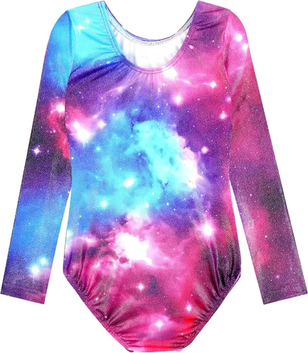 Vista 119 de HOZIY - Leotardos de manga larga para niñas, de gimnasia, para niños pequeños, trajes florales de unicornio, galaxia, arco iris, patrón de rayas
