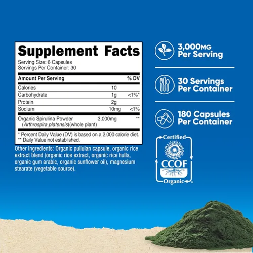 Vista 2 de Nutricost Espirulina 3,000 mg, 180 cápsulas para 30 porciones - Certificado CCOF fabricado con espirulina orgánica, sin gluten, vegetariano