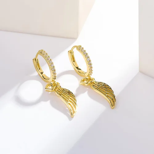 Vista 5 de ToHeart Aretes colgantes de ángel de oro, aretes dorados con alas de ángel para mujer, regalos de Navidad, aretes delicados hipoalergénicos