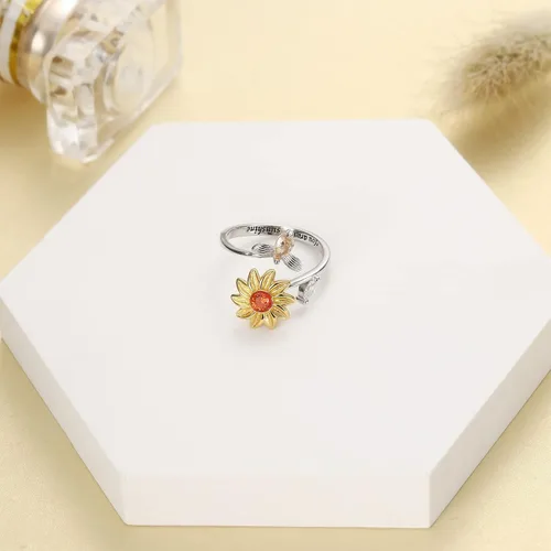 Vista 5 de PATISORNA Anillos giratorios de plata de ley 925 con girasol para mujeres y niñas anillo de ansiedad You are My Sunshine para aliviar el estrés