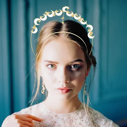 Vista 5 de NOLITOY Moon Stars Crown- Crystal Goddess Angel Crown Headband Rhinestone Wedding Tiara Glitter Floral Bridal Hair Band Headpiece Accessories for