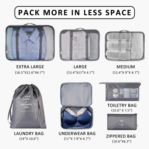 Vista 4 de Packing Cubes - Juego de 7 organizadores de equipaje de viaje con bolsa de aseo 7 piezas gris 6895