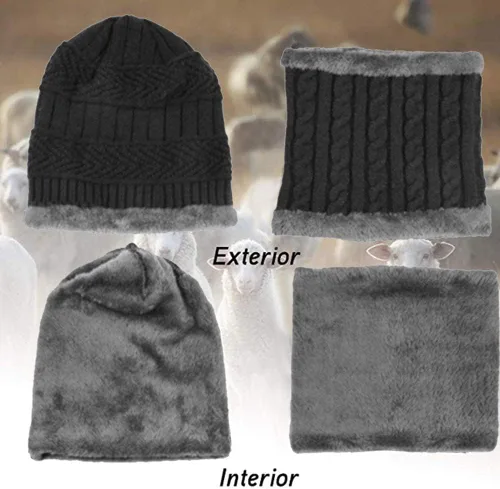 Vista 3 de Juego de 2 piezas de gorro de invierno para hombre, bufanda gruesa con forro polar, gorro de calavera, gorro de invierno de punto cálido, calentador