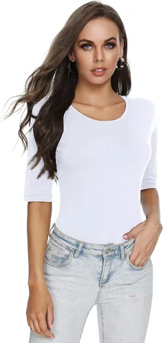 Vista 5 de RightPerson Camiseta básica de media manga con cuello redondo para mujer, elástica, casual, de algodón
