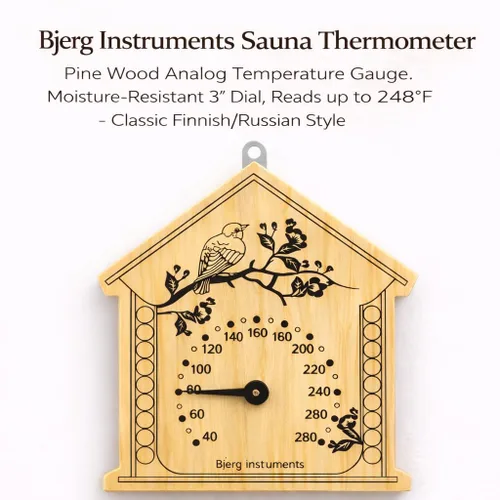 Vista 2 de Bjerg Instruments Termómetro de sauna, medidor de temperatura analógico de madera de pino, esfera de 3 pulgadas resistente a la humedad, lee hasta