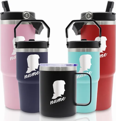 Vista 19 de Vasos de acero inoxidable grabados personalizados con nombres, tazas aisladas personalizadas con asa, taza de café de viaje, regalos para ella/él