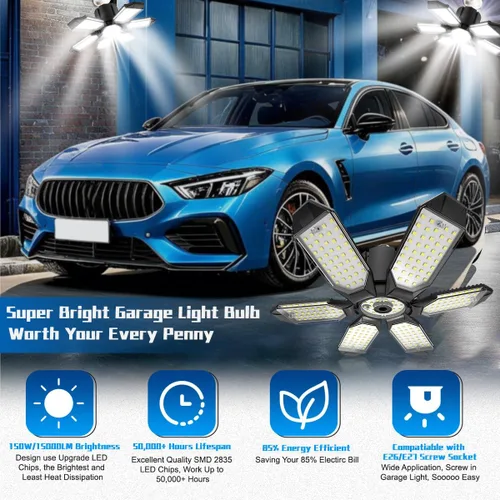 Vista 2 de Luz de Garaje – Bombilla de garaje súper brillante de 15000LM, equivalente a 150 W, rosca E26 con 6 paneles deformables, 6500K, luces LED de taller