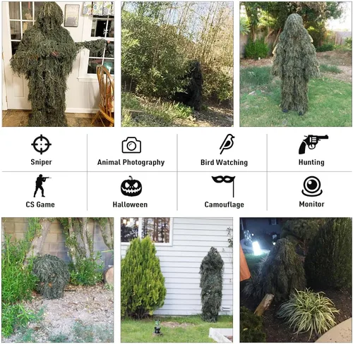 Vista 4 de Seeutek Traje Ghillie 5 en 1 – Trajes de caza de camuflaje 3D – chaqueta, pantalones, capucha, bolsa de transporte para adultos y jóvenes, M/L