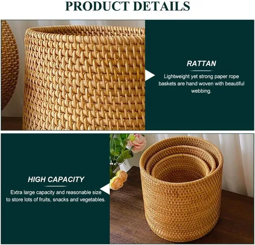 Vista 5 de Mikikit Cesta tejida de ratán extra redonda para almacenamiento de frutas, organizador de acabado de escritorio, diseño rústico natural