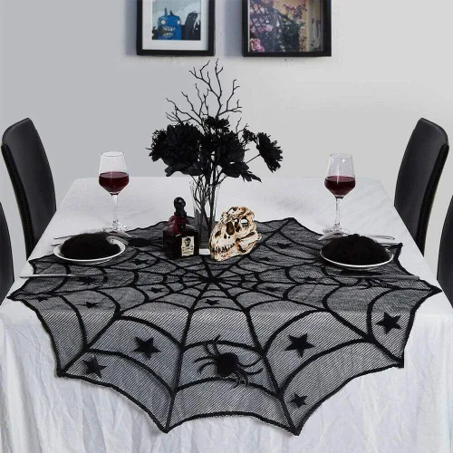 Vista 6 de Camino de mesa de Halloween, mantel redondo de encaje de araña de 40 pulgadas, mantel de Halloween para cena de Halloween (negro)