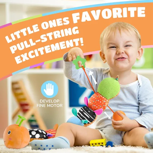 Vista 3 de Awotoy Baby Toys - Juguete musical de oruga interactivo multicolor para bebés, sonajero arrugado, suave con campana de anillo, juguete de peluche