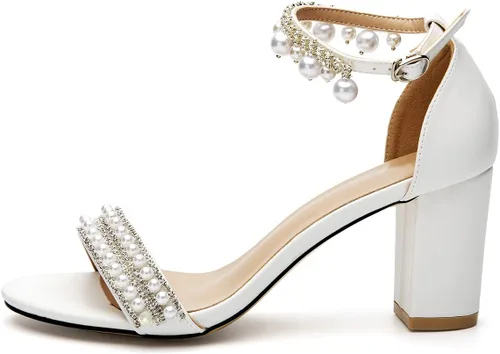 Vista 2 de Zapatos de novia para mujer, con puntera abierta, cómodos, tacón medio de bloque, correa al tobillo, sandalias de tacón con cadena de perlas