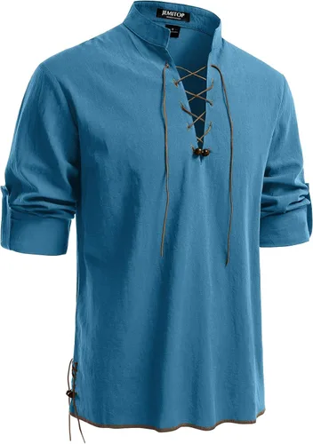 Vista 55 de JEMITOP Men's Pure Cotton Renaissance Lace Up Shirt Verde militar