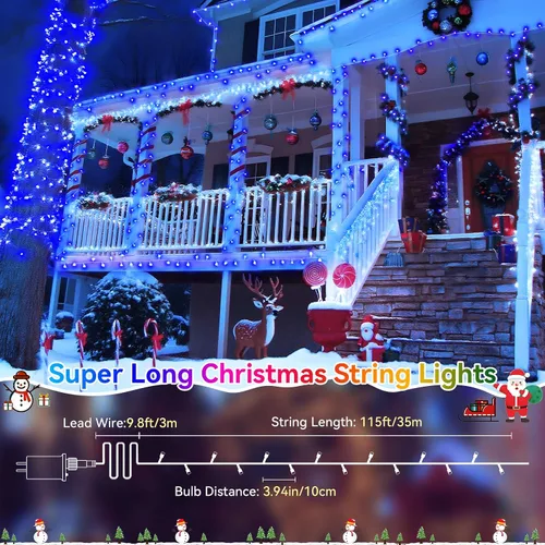 Vista 2 de Cadena de luces de Navidad para exteriores, 125 pies con 350 luces LED, 8 modos y función de temporizador con memoria, luces de hadas parpadeantes