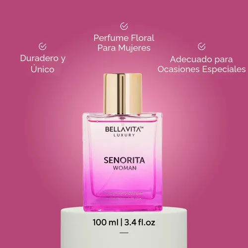 Vista 4 de Bella Vita Luxury SENORITA Perfume para Mujeres (3.4 fl.oz) Fragancia Floral y Afrutada con Granada, Menta y Almizcle Notas de Yuzu y Loto