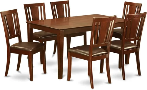 Vista 17 de HomeStock El juego de mesa de comedor moderno de 7 piezas consta de una mesa rectangular de madera y 6 sillas tapizadas de tela de lino café, 36 x
