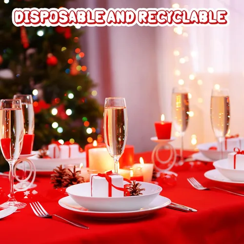 Vista 7 de Juexica 12 Piezas Manteles de Plástico Navideños de 84 Pulgadas Redondos Desechables Mantel de Plástico Impermeable Decorativo Cubierta de Mesa Rojo