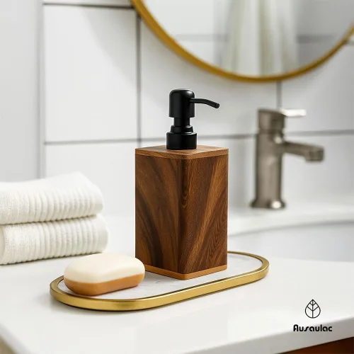 Vista 2 de Dispensador de jabón de madera maciza de 6.8 fl oz para baño, cocina, bomba de jabón de manos recargable de madera, dispensador de loción