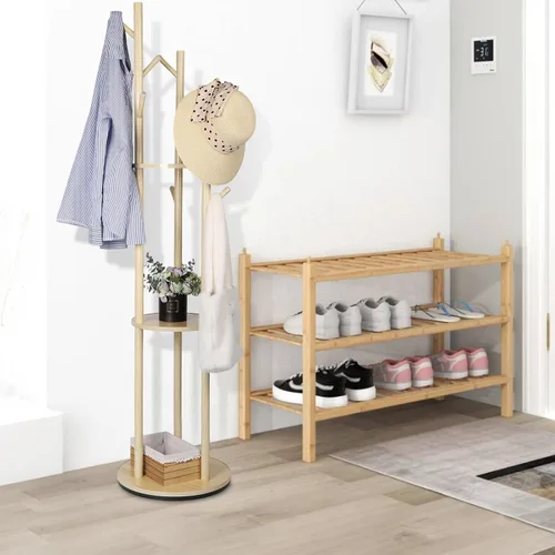 Vista 6 de Perchero de madera con 3 estantes y 9 ganchos, perchero giratorio independiente para entrada, dormitorio, sala de estar, pasillo, capacidad