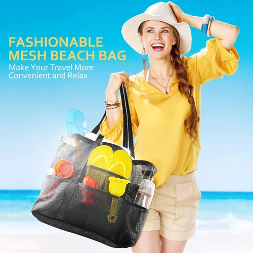 Vista 7 de SRISE Mesh Beach Bag - Large Beach Tote Bag for Family Beach Bag for Toys & Vacation Essentials
