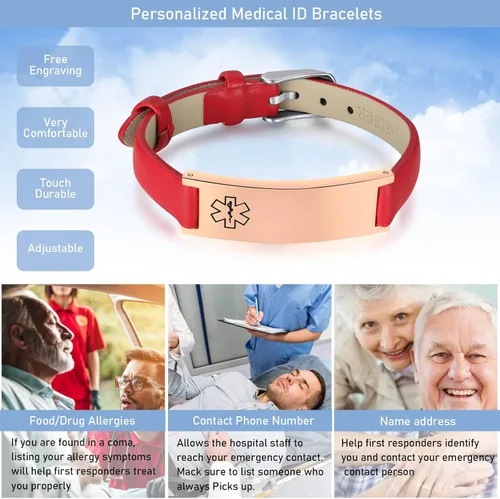 Vista 56 de MPRAINBOW Pulsera de alerta médica personalizada para mujer, correa de reloj de cuero genuino, grabado de doble cara, diabetes, epilepsia, joyería