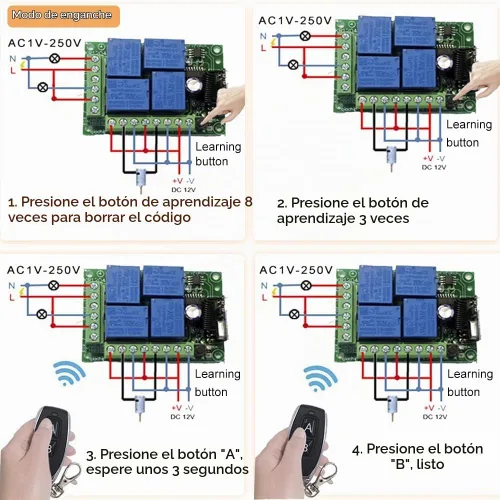 Vista 6 de QIACHIP - Relé de 12 V CC, mando a distancia inalámbrico con interruptor RF, control remoto de 4 canales, módulo 433 MHz, kit de transmisor y 1