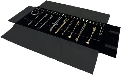 Vista 8 de Bolsa organizadora de terciopelo para collares, pulseras, color negro extra grande con banda elástica solo para collares