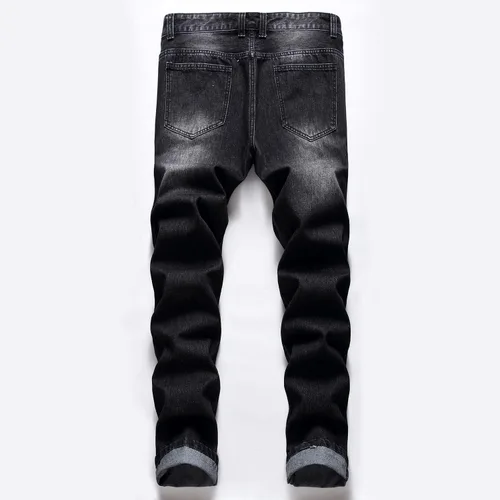 Vista 2 de Jeans rasgados para hombre, ajustados, ajuste regular, pierna cónica, desgastados, pantalones de mezclilla para hombre con agujero