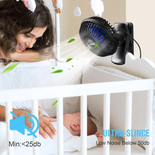 Vista 3 de BESKAR Ventilador de clip alimentado por USB, ventilador portátil de 6 pulgadas con cable, 3 velocidades de flujo de aire fuerte, ventilador pequeño