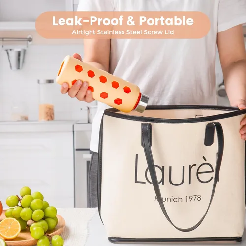 Vista 5 de Mrsdry Botellas de jugo de vidrio con tapas y fundas de silicona de 18 onzas, paquete de 4 botellas de agua reutilizables de vidrio transparente