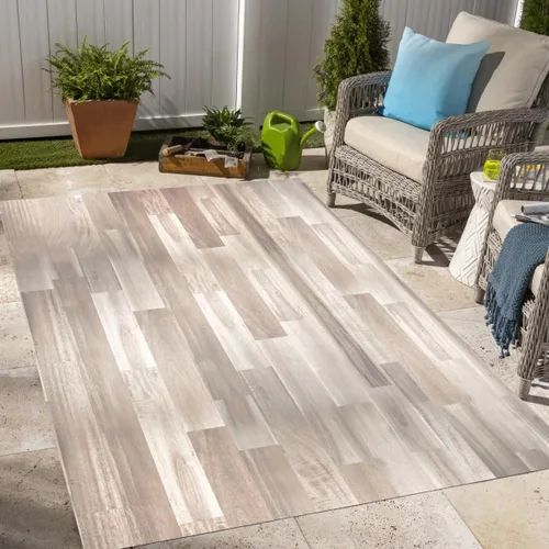 Vista 27 de Alfombra rústica impermeable de grano de madera marrón con estampado de tablero de madera antigua, para balcón, porche, patio, terraza, lavable