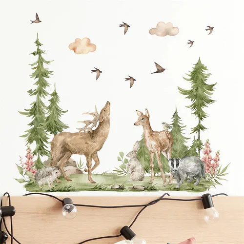 Vista 5 de Calcomanías de pared grandes de alce sika con alce de bosque, selva tropical, selva tropical, animales de selva, conejo, tejón, erizos, vinilo