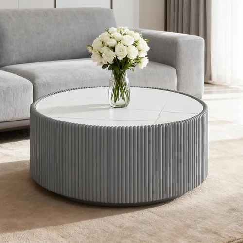 Vista 15 de Mesa auxiliar redonda moderna, mesa auxiliar de sofá de mármol sintético con base cubierta de cuero sintético en forma de cuenco, mesa auxiliar En