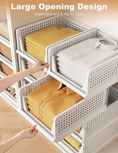 Vista 4 de Sistema organizador de armario, cesta apilable de plástico para almacenamiento, apilable, organizadores plegables para armario, organizador de ropa