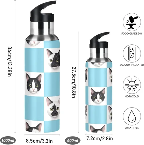 Vista 2 de Insulated Stainless Steel Water Bottle with Straw 32 Oz, BPA-Free Sport Water Bottle Insulated for Gym Outdoor Travel School, Black White Cat