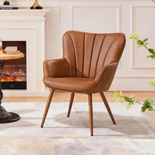 Vista 4 de Yaheetech Silla de Brazos de Piel Sintética PU, Silla Decorativa Moderna con Patas Metálicas, Cómoda Silla Barril Tapizada para Sala de Estar Marrón
