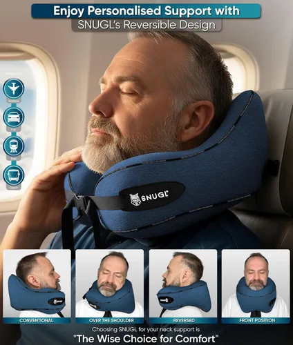 Vista 3 de SNUGL Almohada de viaje – Almohadas de espuma viscoelástica – Almohada para el cuello para avión con bolsa de transporte y clip – Almohadas de apoyo