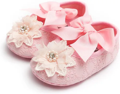 Vista 6 de QWZban Baby Girls Mary Jane Flats with Bowknot Flowers Soft Newborn Infant First Walkers Crib Shoes Wedding Party Christmas Dress Shoes