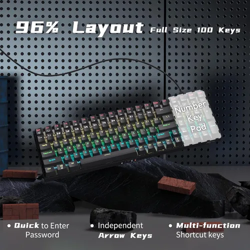 Vista 4 de RK ROYAL KLUDGE Teclado mecánico RK100 2.4G inalámbricoBluetoothcon cable RGB, 100 teclas, 3 modos conectables, teclado para juegos con interruptor