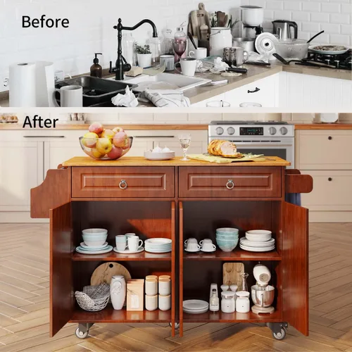 Vista 8 de Aiho Carrito de isla de cocina con almacenamiento, carritos móviles de 52 pulgadas con mesa de cocina rodante con toallero, estante de especias