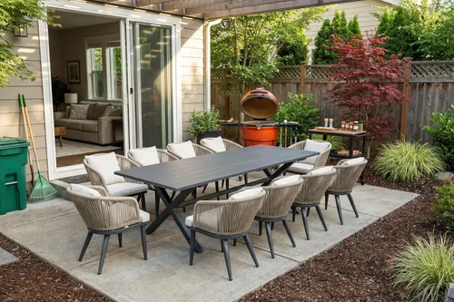 Vista 12 de PURPLE LEAF Juego de muebles para patio de 7 piezas, juego de mesa y sillas de mimbre para exteriores, marco rectangular de aluminio para jardín