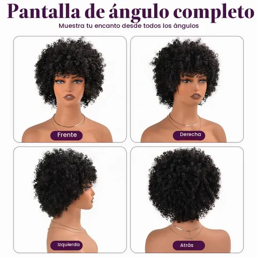 Vista 5 de Vitorish Peluca corta afro rizada con flequillo para mujeres negras, peluca sintética resistente al calor, color negro natural, para uso diario