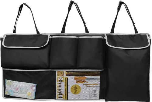 Vista 4 de UNUSTRENGH - Organizador de maletero para asiento trasero de automóvil, organizador plegable de carga con 6 bolsillos grandes y 3 correas ajustables