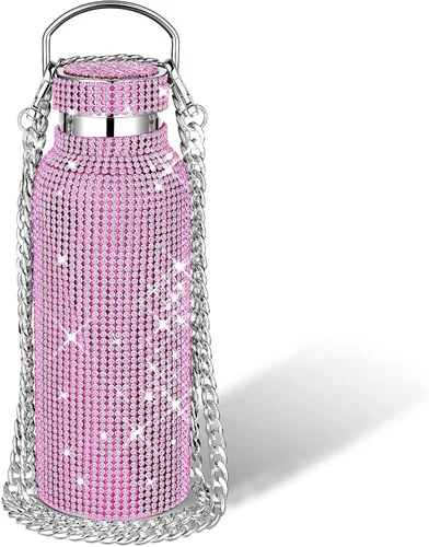 Vista 23 de Geiserailie Botella de agua con diamantes de imitación de acero inoxidable, térmica, recargable, aislada, con cadena, para mujeres y niñas