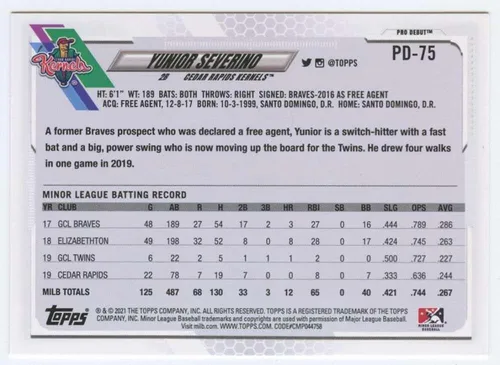 Vista 2 de 2021 Topps Pro Debut #PD-75 Yunior Severino Cedar Rapids Kernels Baseball Card