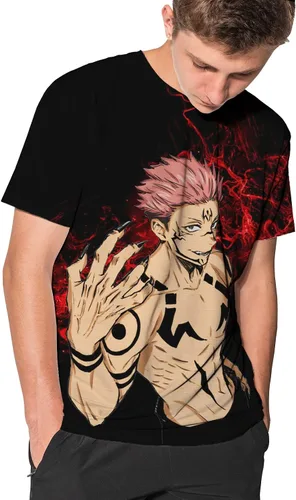 Vista 2 de Anime Mens Tshirt Kaisen Men and Women Japanese Cartoon 3D Printing Black Unisex Gojo Yuji Adult Teenagers Tee