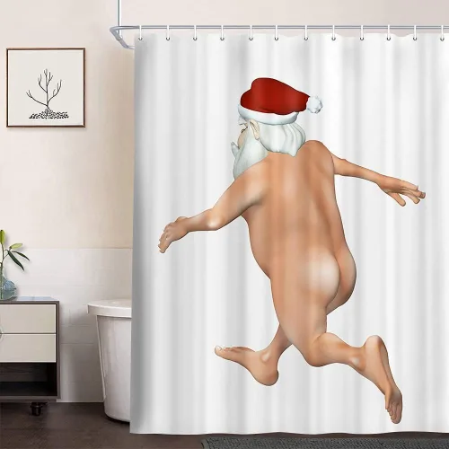 Vista 2 de Divertida cortina de ducha de Navidad, linda cortina de ducha de Papá Noel desnudo corriendo loco para baño, moderna cortina de baño de tela
