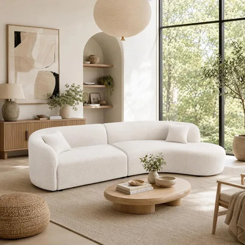 Vista 12 de Moderno sofá modular nórdico curvado para sala de estar, sofá modular beige Boucle de 5 plazas, sofá tapizado de estilo escandinavo sin compresión