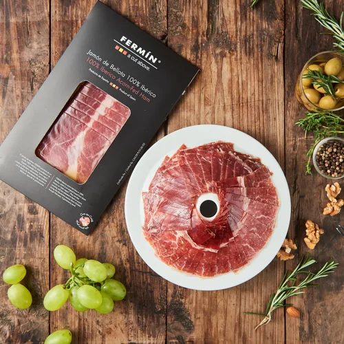 Vista 2 de Jamón ibérico de Bellota rebanado a mano (2 oz). Sin gluten por Fermin